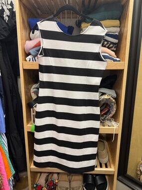 Michael Kors Black & White Striped Sleeveless Midi Dress